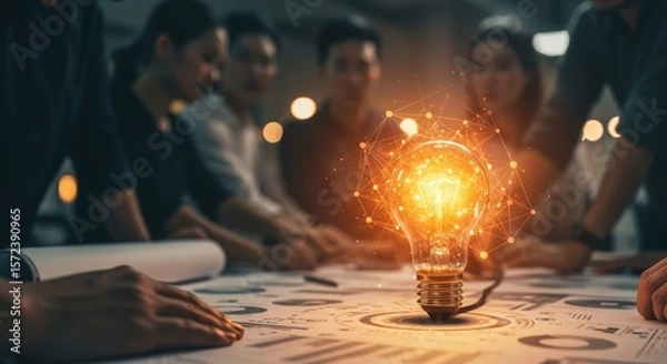 Fototapeta Team collaboration sparks brilliant innovation with a glowing lightbulb symbolizing a bright new idea