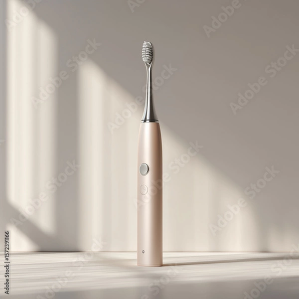 Fototapeta Modern electric toothbrush isolated on neutral background under warm light