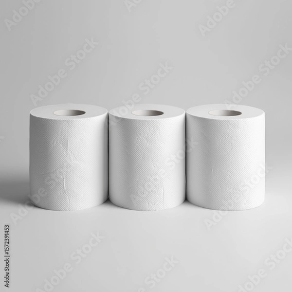 Fototapeta Three rolls of toilet paper neatly arranged on a light gray surface