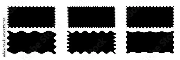 Fototapeta Set or rectangular shapes with squiggly borders. Tags, labels, stamps, crackers, coupons rectangle boxes with curvy, wiggly, wavy edges isolated on white background. Vector flat illustration.