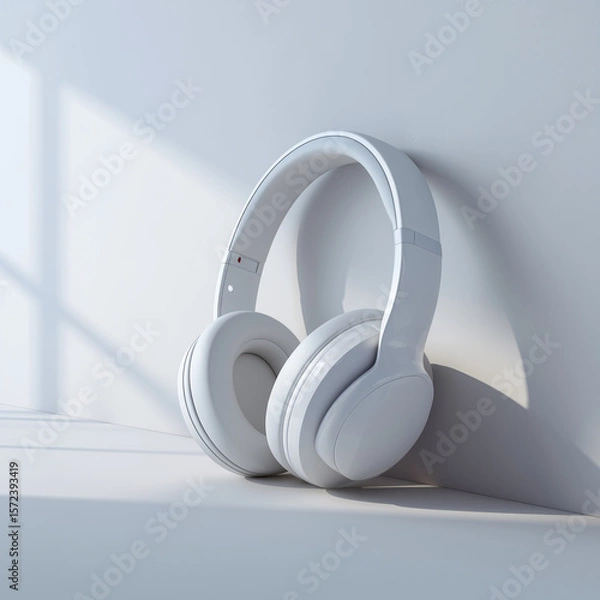 Fototapeta Stylish white headphones against a clean, minimalist background, conveying simplicity and focus on sound quality