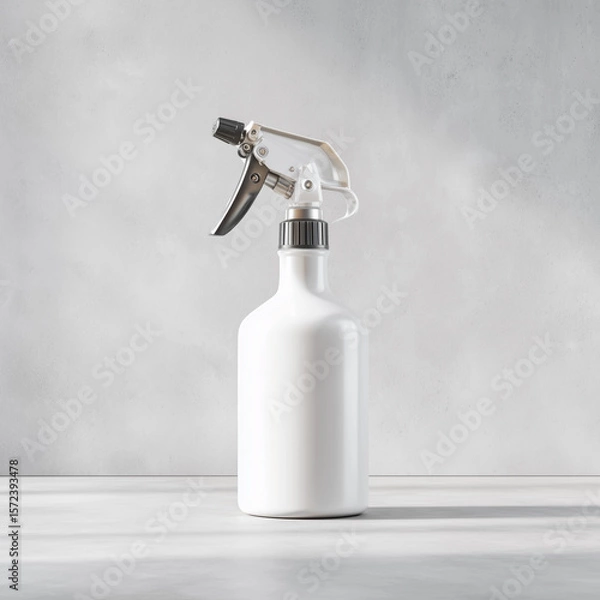 Fototapeta White spray bottle with silver sprayer on gray textured surface minimalist design under soft lighting