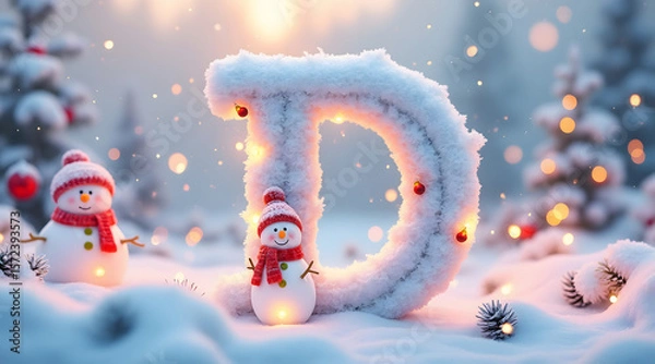 Fototapeta Snow covered letter D glowing warmly with small red ornaments, surrounded by two cheerful snowmen wearing red hats and scarves snowy winter scene
