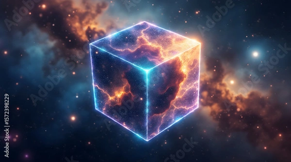 Fototapeta Nebula cube with glowing gas clouds and cosmic light effects in deep space, creating vibrant and mysterious atmosphere