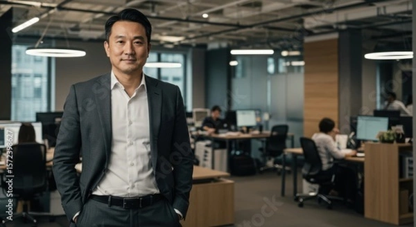 Fototapeta Confident asian businessman in a suit stands in a modern busy office with colleagues working in the background