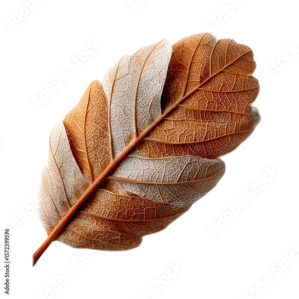Obraz Detailed close-up of a textured brown leaf showcasing intricate veins and patterns on a white background for natural themes