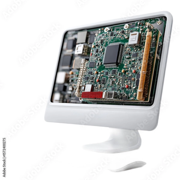 Obraz High-Tech Computer Monitor Displaying Circuit Board and Internal Components for Technology and Engineering Concepts