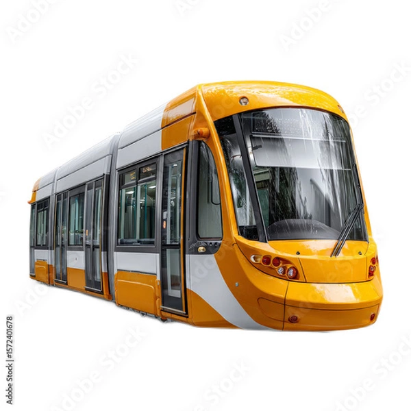 Obraz Modern Yellow Tram Stationed in Urban Environment Captured on a Bright Day with Clear Windows and Sleek Design