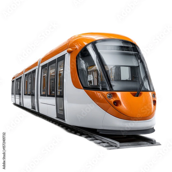 Obraz Modern Orange and White Tram Appearing in Urban Setting with Clear Sky and Tracks, Ideal for Transportation Images