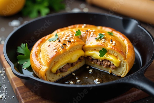 Obraz A close-up of a golden-brown, filled pastry in a cast-iron skillet.