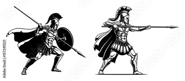 Fototapeta ancient spartan warrior with spear and shield mascot set