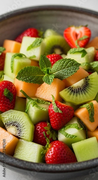 Fototapeta Close-up of diced strawberries, kiwi, cantaloupe, and honeydew melon in a bowl, garnished with mint leaves.  Represents freshness, healthy eating, and summer vibrancy