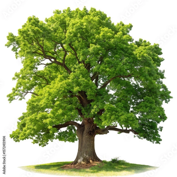 Fototapeta Majestic green oak tree with lush foliage and thick trunk isolated on transparent background