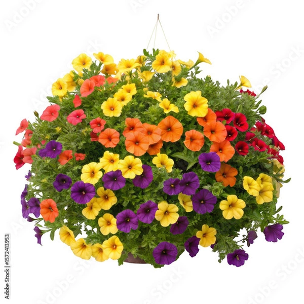 Fototapeta Vibrant hanging basket overflowing with colorful petunia flowers isolated on transparent background
