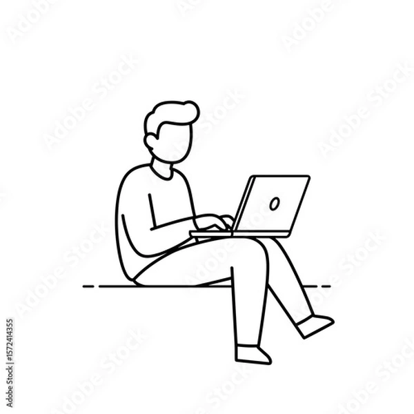Fototapeta Young man sitting and working on laptop in minimalist style  