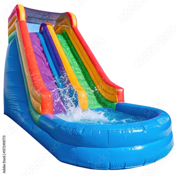 Fototapeta Vibrant rainbow inflatable water slide with splash pool isolated on transparent background