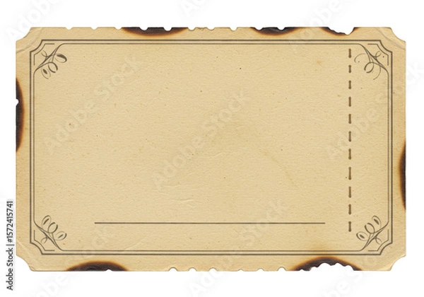 Fototapeta Vintage burned paper ticket with decorative corners and perforated edge isolated on transparent background
