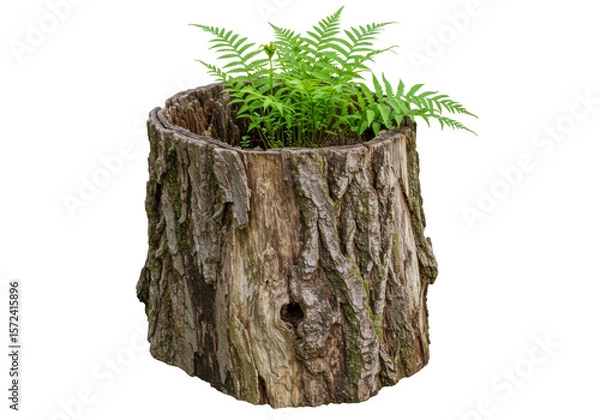 Fototapeta Rustic tree stump planter with lush green ferns growing inside isolated on transparent background