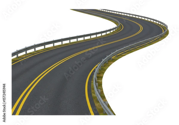 Fototapeta Curving asphalt road with yellow lines and guardrail isolated on transparent background