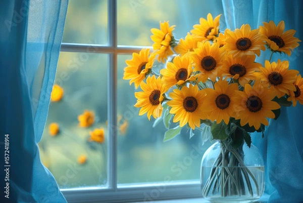 Fototapeta Yellow Sunflowers Brightly Illuminated on Windowsill Vase