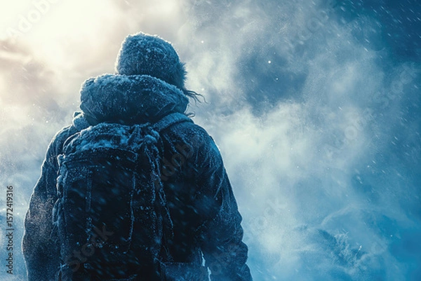 Fototapeta Unyielding Blizzard Holds the Lost Explorer in Frozen Time