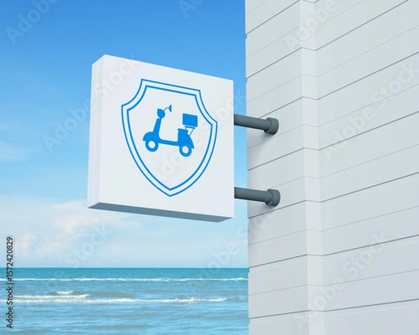 Fototapeta Motorcycle with shield icon on hanging white square signboard over tropical sea and blue sky with white clouds, Business motorcycle insurance concept, 3D rendering