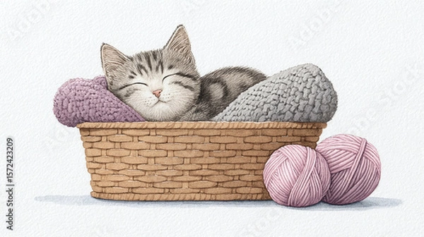 Fototapeta Sleepy Kitten in a Basket with Yarn