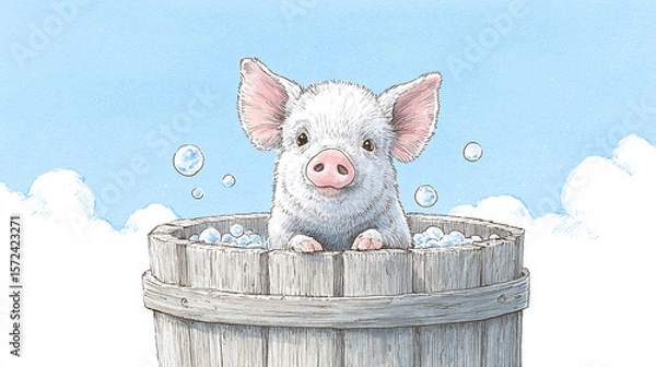 Fototapeta Adorable Piglet Taking a Bath in a Wooden Barrel