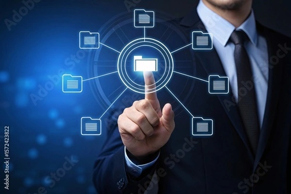 Fototapeta Businessman s finger touches digital interface connecting files and folders