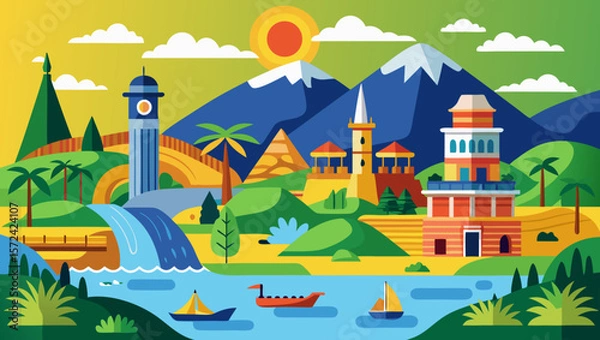 Fototapeta Vector art of a picturesque illustration depicting a vibrant landscape with majestic mountains, a cascading waterfall, and charming buildings along a tranquil river