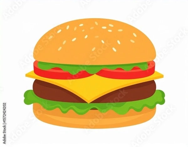 Fototapeta A simple flat vector illustration of a single cheeseburger, with bun, lettuce, tomato, cheese, and patty. Minimalist style, bold colors, no background, isolated on white
