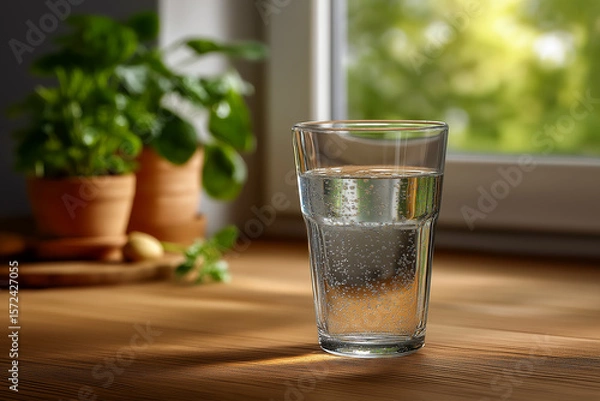 Obraz A refreshing glass of sparkling water sits on a wooden table next to potted plants and a window, offering a bright and natural scene.