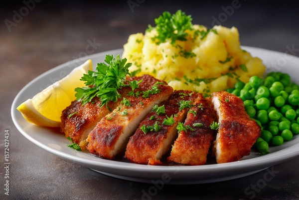 Obraz Crispy cutlet with mashed potatoes, green peas, and a lemon wedge, garnished with fresh parsley on a white plate on a neutral surface.