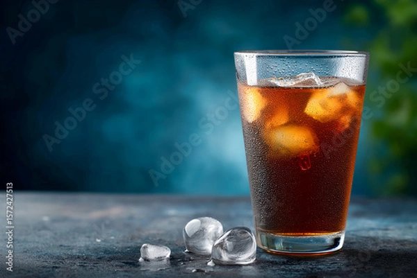 Obraz Refreshing iced drink with ice cubes on a dark blue background, condensation on the glass. Refreshing summer drink.