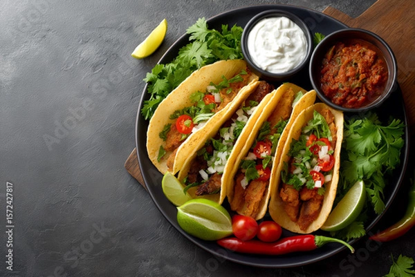Obraz Delicious tacos on a plate with vibrant garnishes, a tempting salsa, and cool sour cream. A culinary delight!