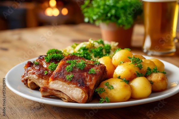 Obraz Delicious dinner plate featuring tender ribs, boiled potatoes, and a refreshing green salad. A hearty meal to savor and enjoy.