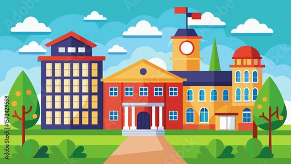 Fototapeta Vector art of a modern and classic school campus with a mix of architectural styles, including a tall tower and a traditional building, creating a vibrant and diverse learning environment