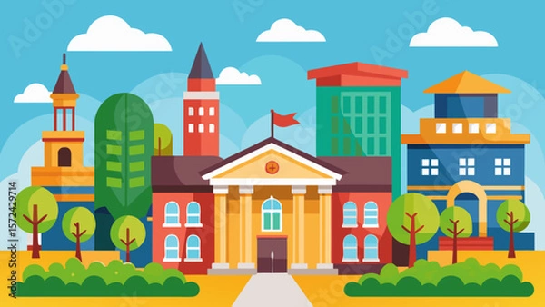Fototapeta Vector art of a cheerful illustration showcases a vibrant school campus, featuring various buildings, lush green trees, and a bright sunny sky