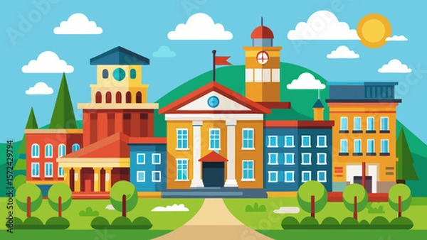 Fototapeta Vector art of a picturesque school campus nestled against a mountain backdrop, with a variety of colorful buildings and lush green trees under a bright summer sky