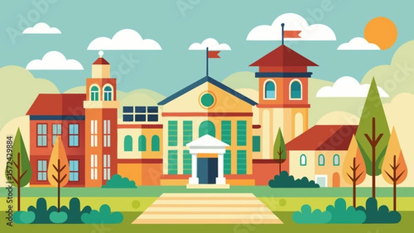 Fototapeta Vector art of a charming autumn scene unfolds on a college campus, where a variety of colorful buildings are nestled amongst lush trees and a mountain backdrop