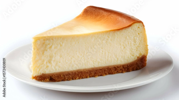 Fototapeta A thick slice of classic baked cheesecake with a golden top and crumbly crust, served on a white plate and isolated on white background for a clean, appetizing presentation.