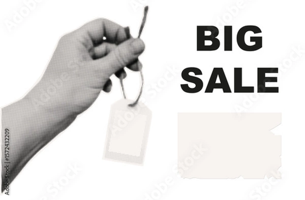 Fototapeta Big sales advertising. A woman's hand holds a price tag. You can write your own discount price. Coupon, store badge with a new loyalty program, bonus announcement. Contemporary art, halftone vector.