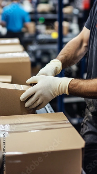 Fototapeta Worker wearing protective gloves packaging components after assembly