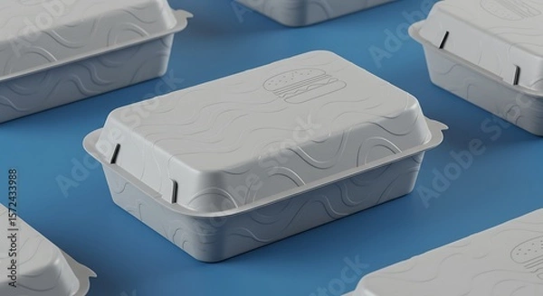 Fototapeta Minimalist Styrofoam Food Container with Burger Icon on Blue Background Mockup