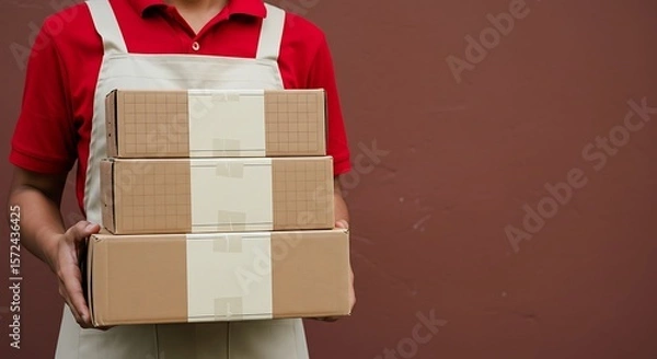 Fototapeta Man Carrying Three Cardboard Boxes, Presenting Delivery Service with Brown Background