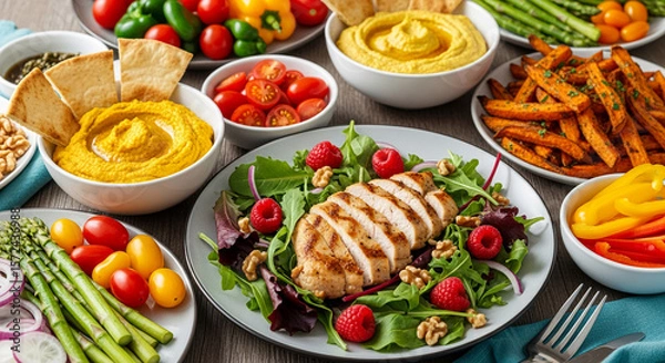 Fototapeta Chicken salad with raspberries, walnuts, and greens, served with hummus, sweet potato fries, and assorted vegetables. Healthy meal showcase, ideal for restaurant menus or dieting blogs