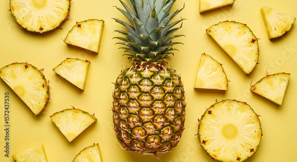 Fototapeta Top View of Fresh Pineapple Fruits and Slices on White Background
