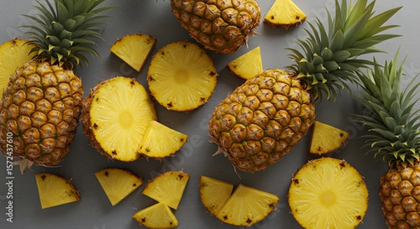 Fototapeta Top View of Fresh Pineapple Fruits and Slices on White Background
