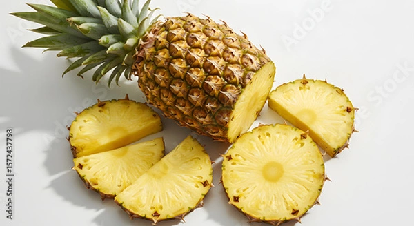 Fototapeta Top View of Fresh Pineapple Fruits and Slices on White Background