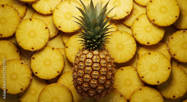 Fototapeta Top View of Fresh Pineapple Fruits and Slices on White Background